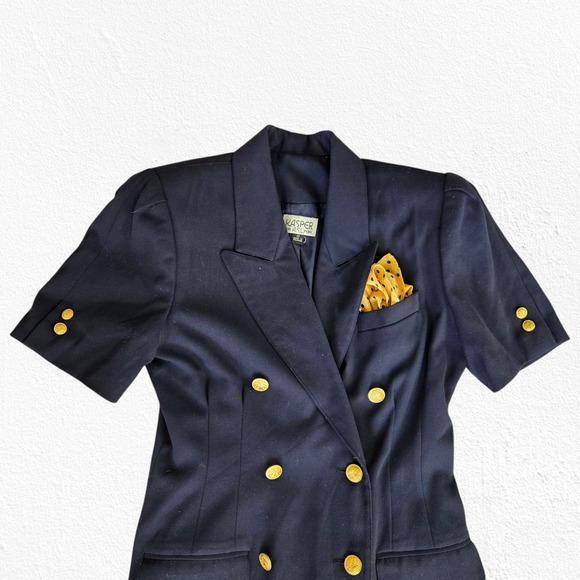 80s Vintage Navy Double Breasted Military Gold Button Wrap Blazer Dress Size 10 - Picture 12 of 16